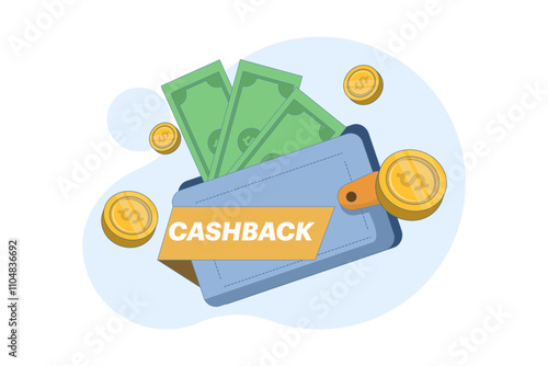 Cashback or online cashback concept. Get cashback for shopping. Savings offers using cashback vouchers. Save money, get vouchers and discounts, reward programs. Flat vector illustration.