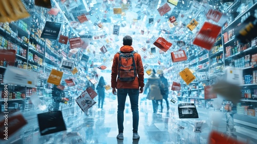 A person stands in a vibrant store, surrounded by floating product advertisements, creating a surreal shopping experience.