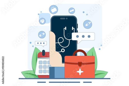 Online health telemedicine concept. Online medical consultation and healthcare services via internet clinic mobile application connected to computer. Online doctor consultation. Vector illustration.