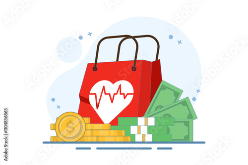 medicine and money concept, flat cartoon money stack with medical or pharmacy bag, expensive medical care, big expenses for prescription drugs. flat vector illustration on background