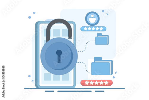 file security and safety concept. folder lock application or software. giving a password to a document. user with a big padlock. vector illustration in flat style design.