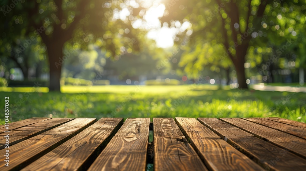 Blurred park background with wooden table, showcasing design, product advertisement banner. Blurred park background with wooden table, showcasing design, product advertisement banner.