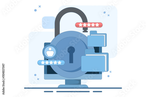 file security and safety concept. folder lock application or software. giving a password to a document. user with a big padlock. vector illustration in flat style design.