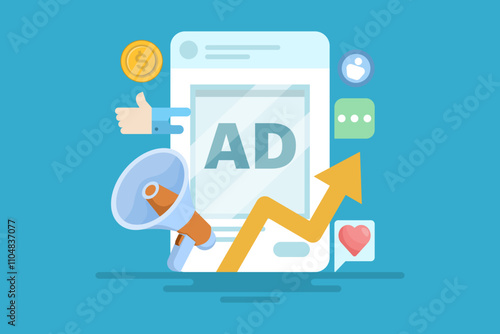 Social media advertising concept, Running social media ads to get more traffic, conversions and sales. online management or advertising. flat vector illustration on background with icons.