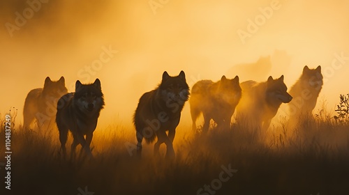 A pack of wolves emerges from the mist at sunrise, creating a dramatic and atmospheric scene.