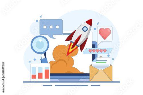Startup business concept, new business launch, Startup business email, Social media, SEO analysis. Easy startup strategies, creative projects to start a business. Vector illustration.