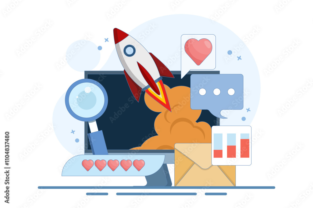 Startup business concept, new business launch, Startup business email, Social media, SEO analysis. Easy startup strategies, creative projects to start a business. Vector illustration.