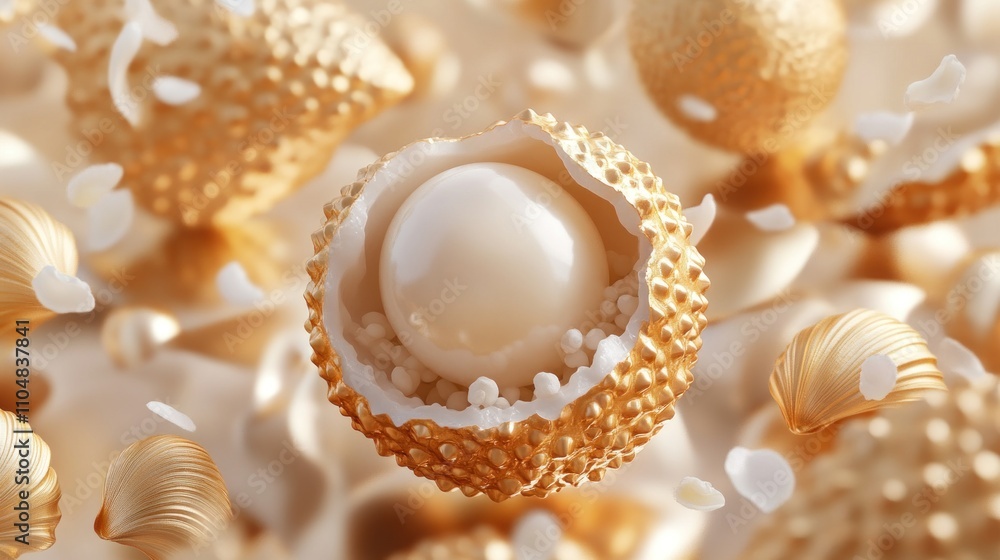 A close-up of golden, textured shells containing pearls, creating a luxurious visual effect. A close-up of golden, textured shells containing pearls, creating a luxurious visual effect.