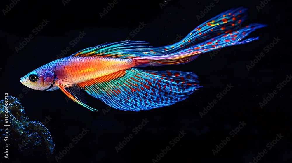 Obraz premium Magnificent Peacock Fish with a Luminous Tail Swims Elegantly Through the Ocean 