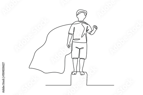 Simple continuous line drawing of a little boy becomes a hero. Hero in real life concept, Hero Pose.