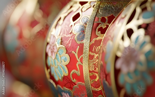 Vibrant red lantern adorned with floral designs.
