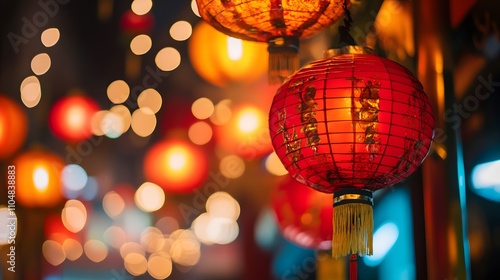 Vibrant red lanterns with glowing background lights.