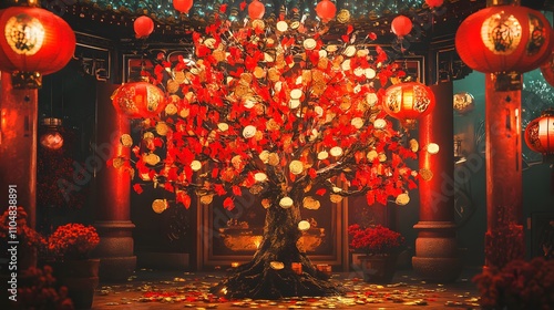 Vibrant tree adorned with colorful lanterns.