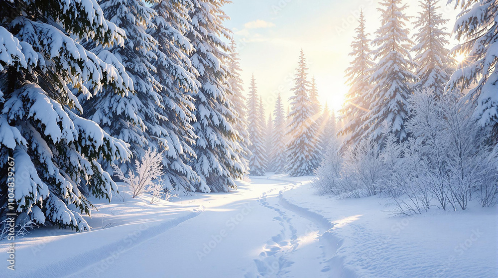 Obraz premium Snowy Forest Path at Sunrise