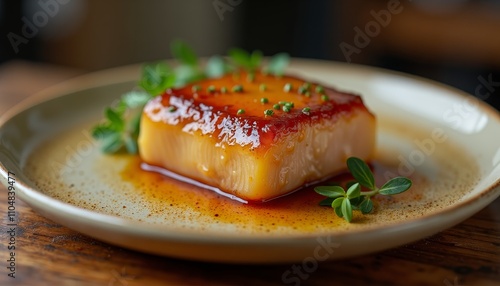 A single piece of fish, topped with herbs, resting in a shallow bowl with sauce