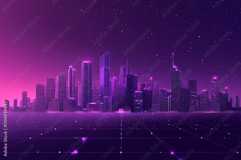 A vibrant, digitally rendered cityscape at night, featuring towering buildings outlined in glowing neon lines against a deep purple and pink starry sky. A vibrant, digitally rendered cityscape at night, featuring towering buildings outlined in glowing neon lines against a deep purple and pink starry sky.