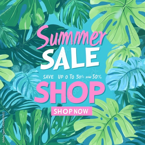 Summer Sale Tropical Leaves Background Vector Illustration Promotion Discount photo