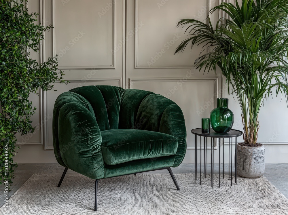 Obraz premium Luxurious emerald green velvet armchair in a stylish modern interior setting, complemented by a side table and potted plant.