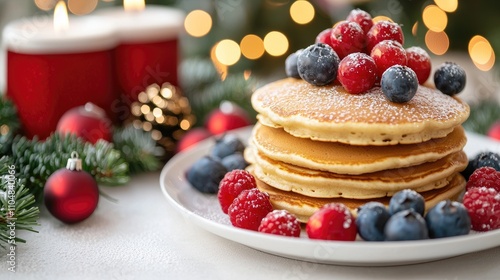 Festive Stack of Pancakes Topped with Fresh Berries and Powdered Sugar Surrounded by Holiday Decorations and Soft Candlelight