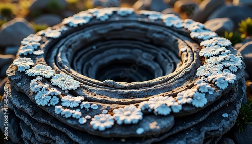 Close-up of a rock covered in white coral-like formations with a natural hollow center photo