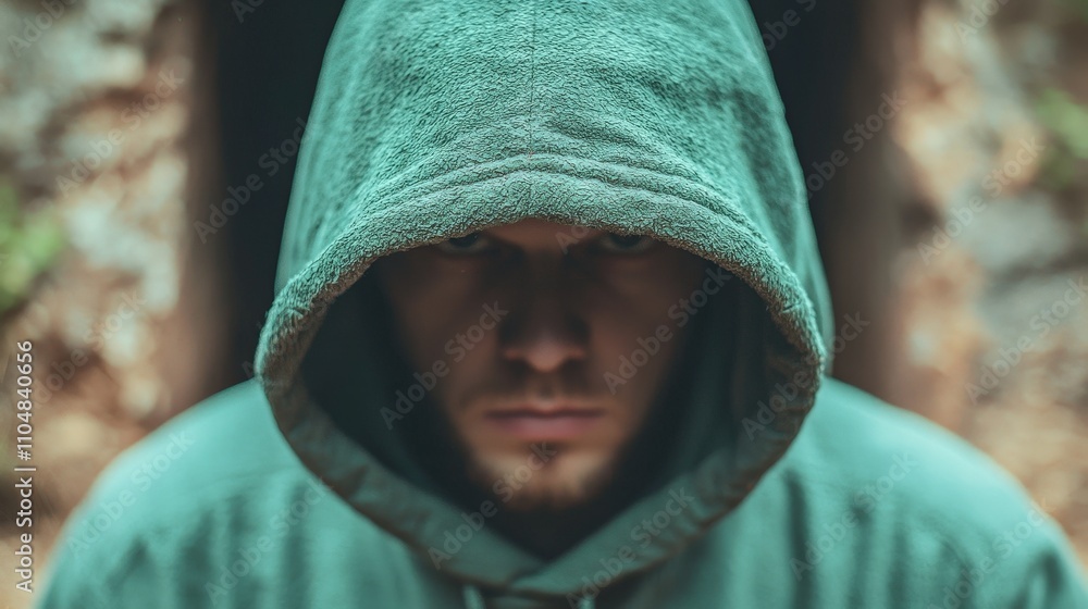 Mysterious Hooded Man Dark Tunnel Serious Face Concealed Identity