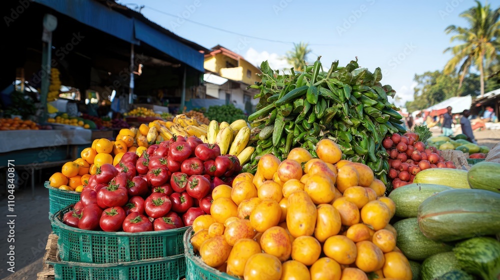 Fresh Vibrant Produce Displayed at a Local Outdoor Market with Colorful Fruits and Vegetables on a Sunny Day Under Clear Blue Sky Fresh Vibrant Produce Displayed at a Local Outdoor Market with Colorful Fruits and Vegetables on a Sunny Day Under Clear Blue Sky