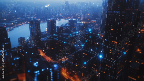 Wallpaper Mural  Smart digital city with connection cyber security network reciprocity over the twilight cityscape.future wireless digital city and social media networking systems that connects people within the city Torontodigital.ca