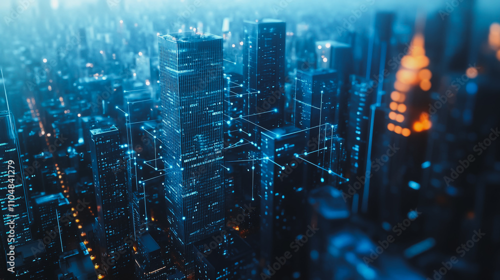 Obraz premium Smart digital city with connection cyber security network reciprocity over the twilight cityscape.future wireless digital city and social media networking systems that connects people within the city
