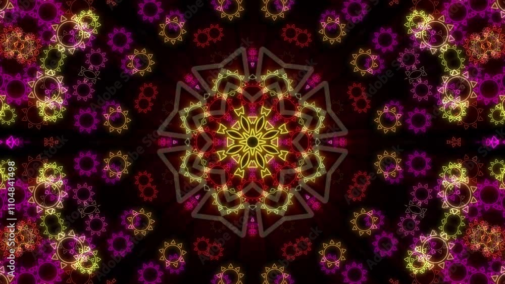 Kaleidoscopic Mandala with Neon Circles and Triangles on Black Background Kaleidoscopic Mandala with Neon Circles and Triangles on Black Background