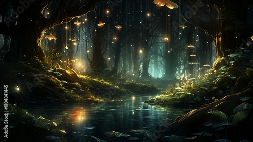 A mystical forest scene illuminated by glowing lights and reflections in a tranquil stream.