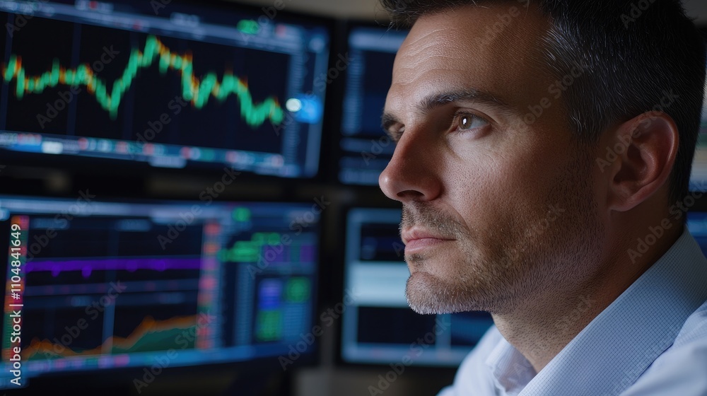 Focused male trader analyzing stock market data on multiple screens in a contemporary office setting, reflecting on financial trends and strategies for investment success. Focused male trader analyzing stock market data on multiple screens in a contemporary office setting, reflecting on financial trends and strategies for investment success.