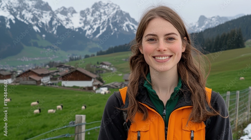 Naklejka premium Happy Woman in Scenic Winter Mountain Landscape