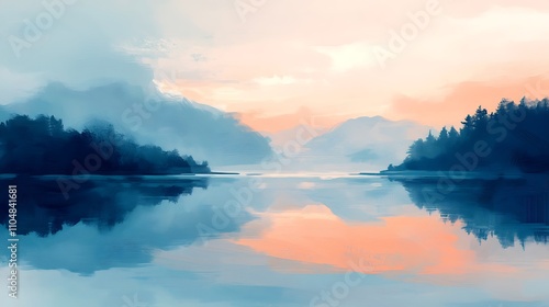 Wallpaper Mural A calming painting of a serene lake at dusk, with soft colors and distant trees mirrored in the water.  Torontodigital.ca