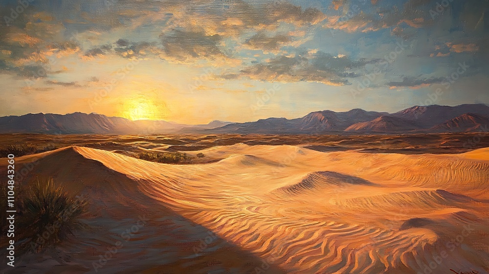 Naklejka premium A dramatic painting of a desert with rippling dunes and soft shadows created by the setting sun. 