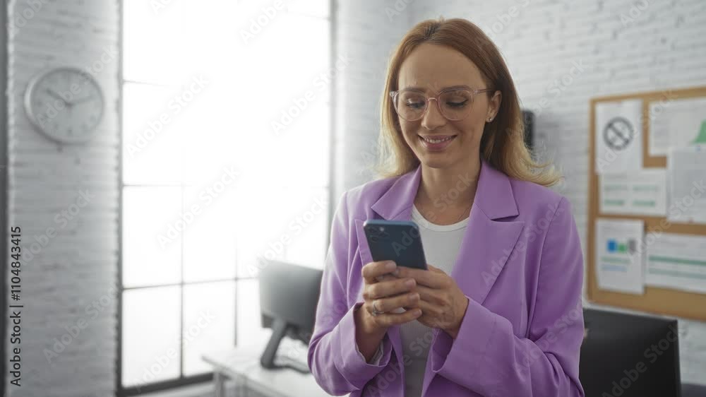 Woman smiling holding phone in modern office wearing glasses and purple jacket enhancing professional appearance with bright window background and corkboard featuring documents. Woman smiling holding phone in modern office wearing glasses and purple jacket enhancing professional appearance with bright window background and corkboard featuring documents.