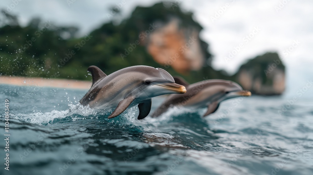 Obraz premium Two Dolphins Leaping Ocean Waves Tropical Paradise Wildlife Photography