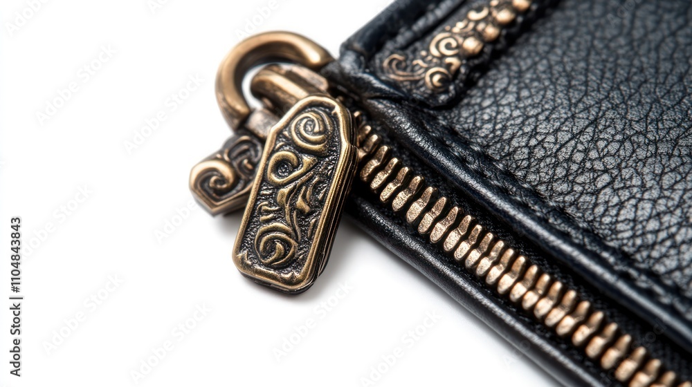 Close-up of a decorative zipper on a black leather item. Close-up of a decorative zipper on a black leather item.