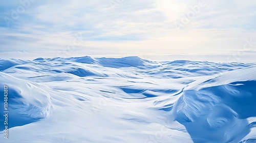 A frozen tundra landscape with snow-covered terrain and icy blue skies, painted in cool tones. 