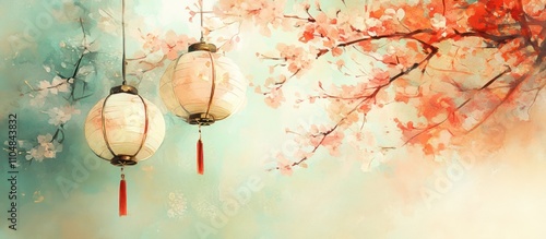 Fototapeta Naklejka Na Ścianę i Meble -  Serene Watercolor Painting of Cherry Blossoms and Hanging Lanterns