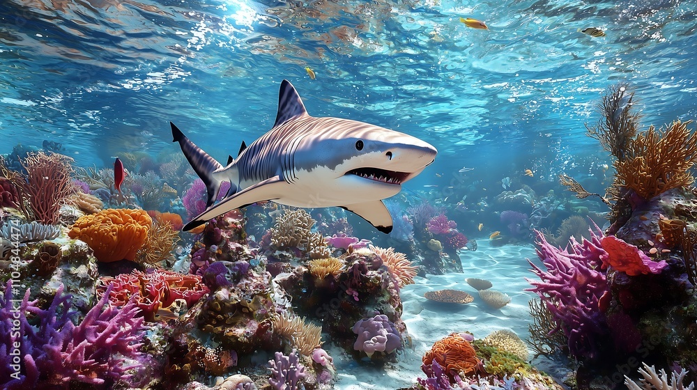 Fototapeta premium Shark swimming in vibrant coral reefs an underwater paradise of marine life