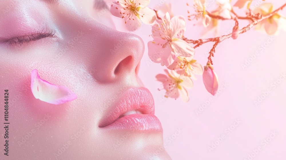 Radiant Natural Beauty - Woman's Face Adorned with Delicate Flower Petals in Regenerative Beauty Concept Radiant Natural Beauty - Woman's Face Adorned with Delicate Flower Petals in Regenerative Beauty Concept