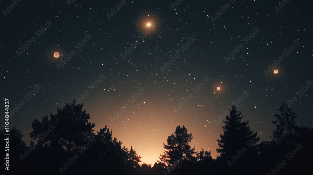 Naklejka premium A serene night sky filled with stars and celestial bodies above silhouetted trees.
