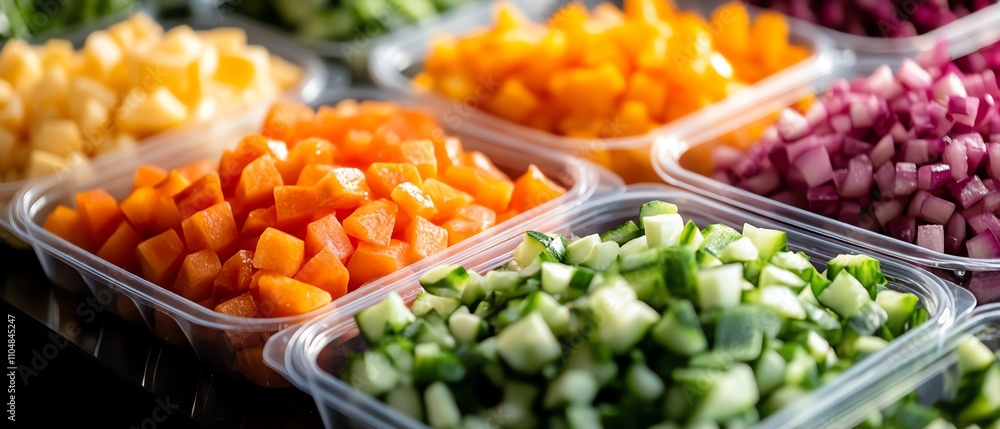 Colorful chopped vegetables in containers. Colorful chopped vegetables in containers.