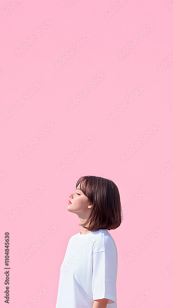 Woman enjoying serenity against pink background urban setting portrait photography calm environment side view mindfulness concept Woman enjoying serenity against pink background urban setting portrait photography calm environment side view mindfulness concept
