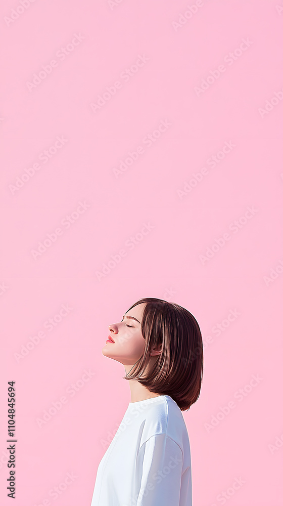 Woman reflecting in a serene pose against a soft pink background studio setting portrait calm environment self-discovery concept Woman reflecting in a serene pose against a soft pink background studio setting portrait calm environment self-discovery concept