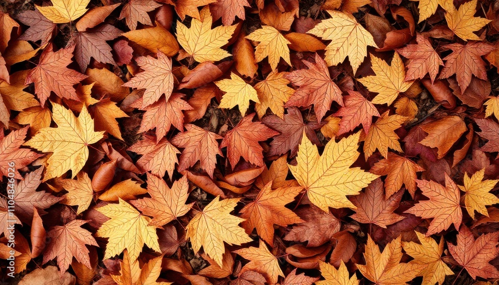 a detailed illustration of fall foliage with leaves in different colors and textures, spread out in a random yet aesthetically pleasing manner.