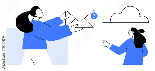 Woman with dark hair holding a large email envelope with a notification, pointing towards a cloud. Ideal for digital communication, email services, cloud storage, notifications, teamwork. Minimalist