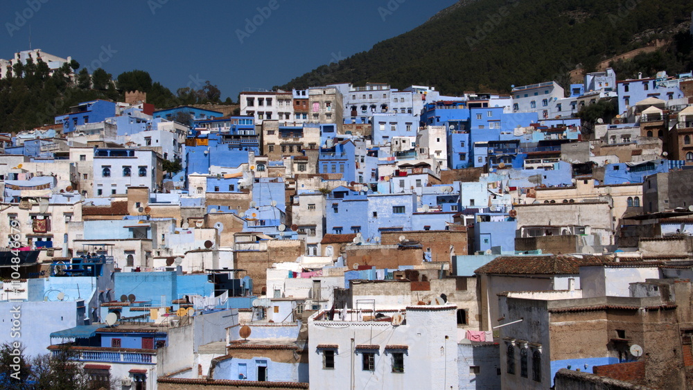 Blue and white buildings in the medina, on a a hill with a forested slope above, in Chefchaouen, Morocco Blue and white buildings in the medina, on a a hill with a forested slope above, in Chefchaouen, Morocco