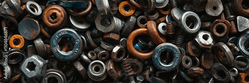 Pile of Rusty Nuts and Bolts - Industrial background, textured metal, rusty hardware, engineering parts, mechanical components.