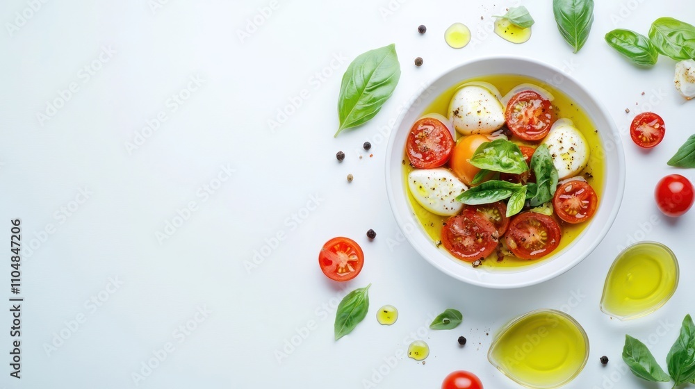 A fresh salad with tomatoes, mozzarella, and basil in olive oil. A fresh salad with tomatoes, mozzarella, and basil in olive oil.